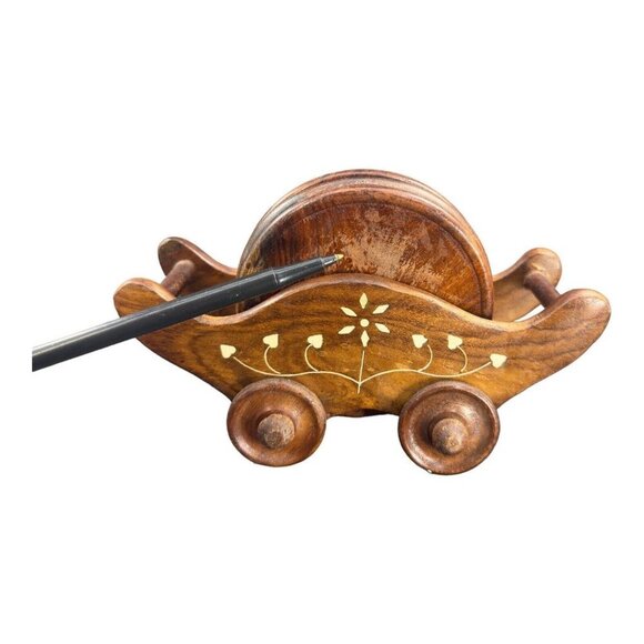 Vintage Wooden Wheel Cart Shape Tea Coffee Coaster Home Decorative Set 6 VTG - Picture 8 of 10